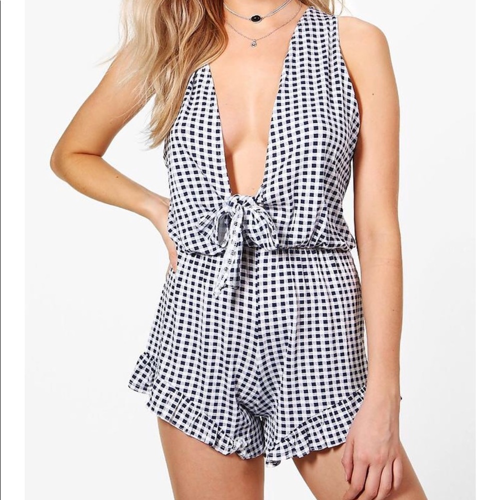 BLUE/WHITE PLAID ROMPER